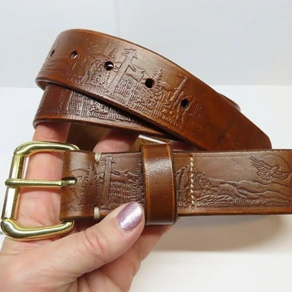 IMPERFECT 37" Handmade 100% cow hide brown leather belt embossed wildlife   I